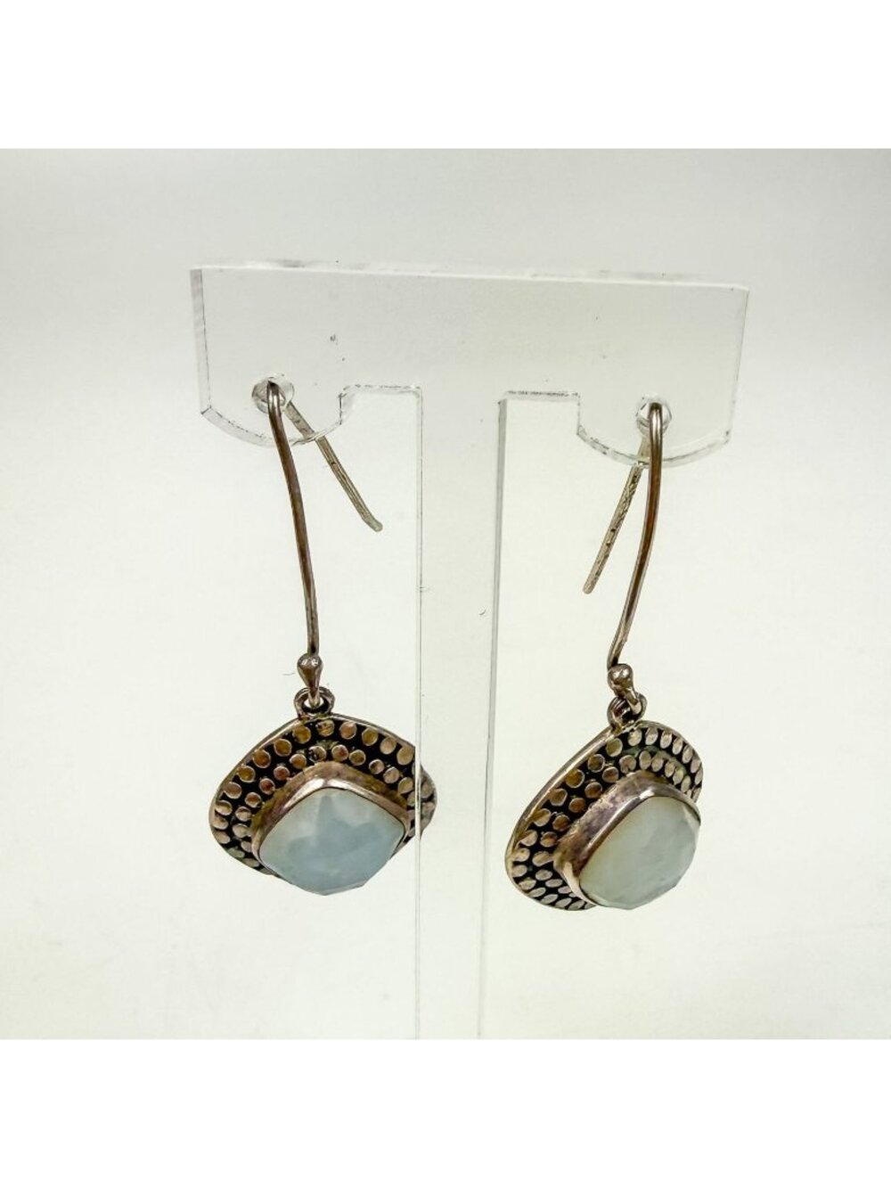 Sterling Silver Moonstone Dangle Fish Hook Earrings Square Textured Granular